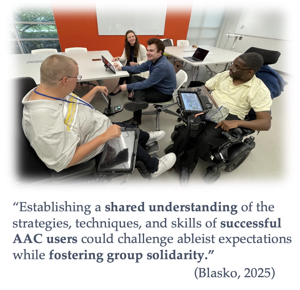 Picture of (left to right)  Tracy Rackensperger, Cynthia Blasko, Grant Blasko, and Kevin Williams. Screenshot of text that reads  

“Establishing a shared understanding of the strategies, techniques, and skills of successful AAC users could challenge ableist expectations while fostering group solidarity.”  (Blasko, 2025) 