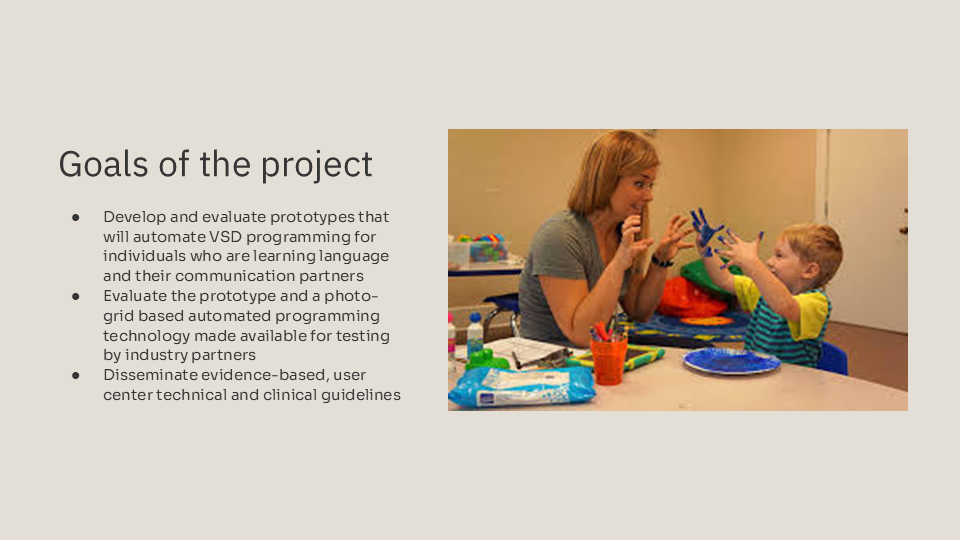 Slide displaying a child and teacher playing with paint and displaying the goals of this project.