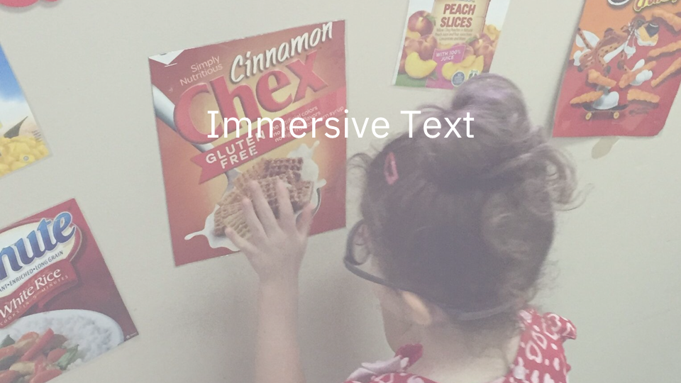 Child touching a cereal box attached to the wall. The text "Immersive Text" is overlayed.
