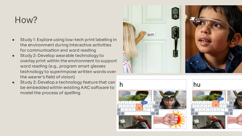 Slide describing the 3 parts of this project and has pictures of door labeled as a door, a child wearing smart glasses, and a sample of how an encoding feature may work.