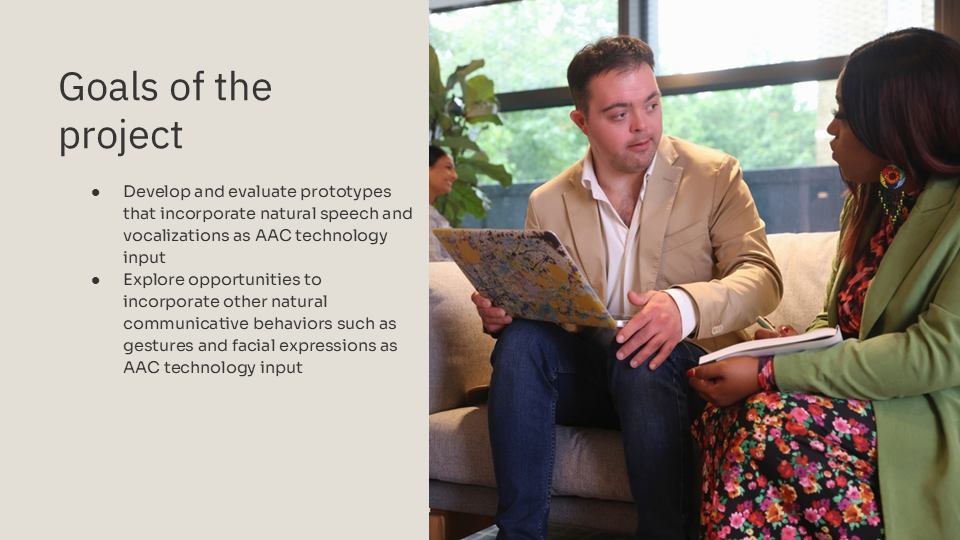 Two adults sitting on a couch communicating. Slide also includes the goals of the project.