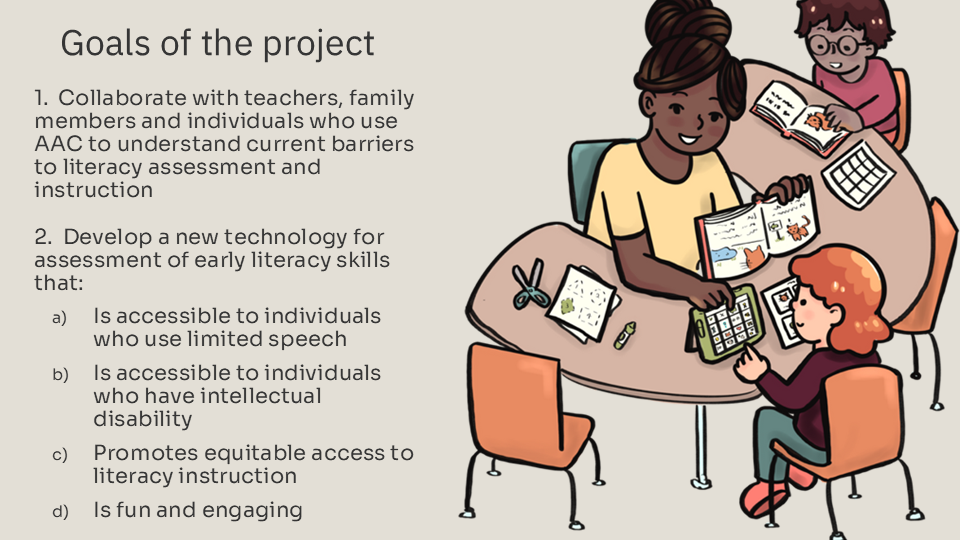 Picture displaying a teacher working with two kids on literacy at a table.